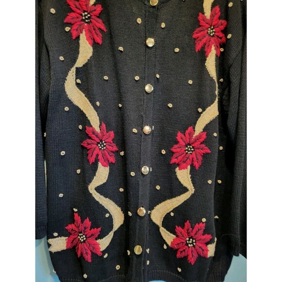 Vtg DressBarn Black Gold Red Embroidered Pointsetta Holiday Cardigan Sweater 24 - Picture 3 of 7